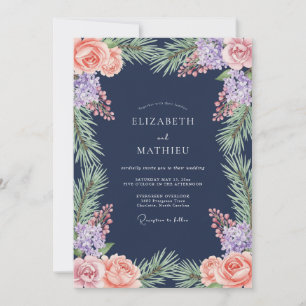Navy Floral Laurel Romance Wedding Invitation