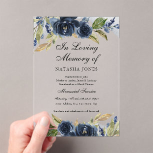 Navy Floral Leaf Clear Acrylic Memorial Service Acrylic Invitations