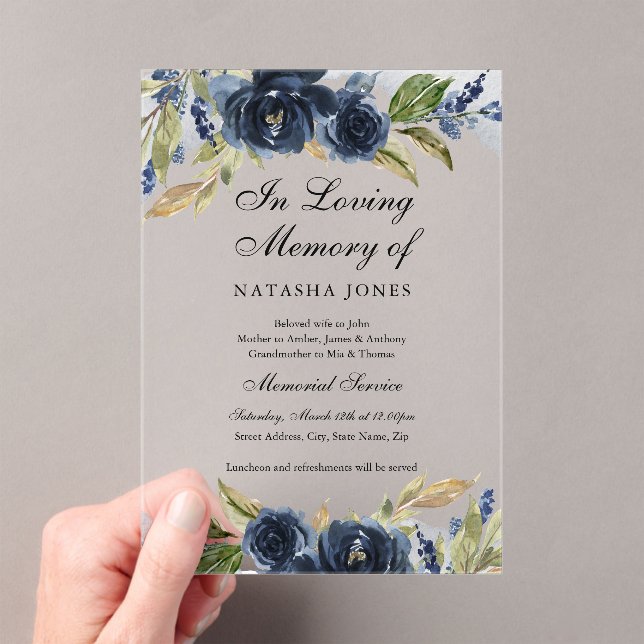 Navy Floral Leaf Clear Acrylic Memorial Service  Invitations (Insitu (Handheld))
