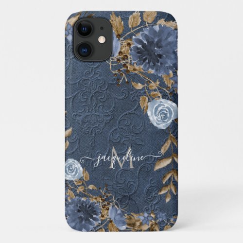 Navy Floral Leaf Watercolor Script Name Monogram iPhone 11 Case