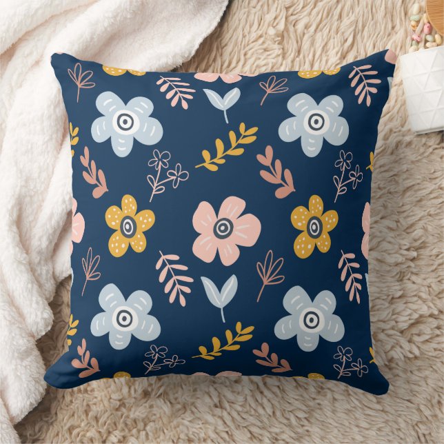 Navy Floral & Leafy Sprig Pattern Throw Pillow (Blanket)
