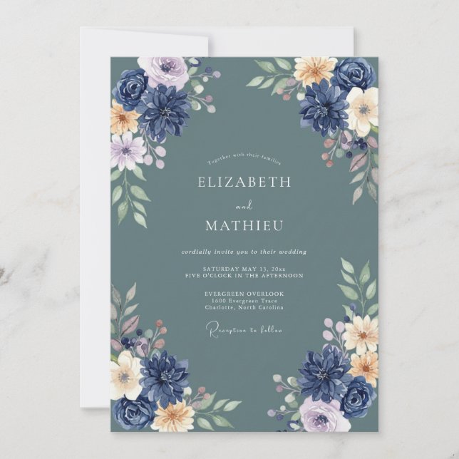 Navy Floral Lush Arrangement Wedding Invitation (Front)