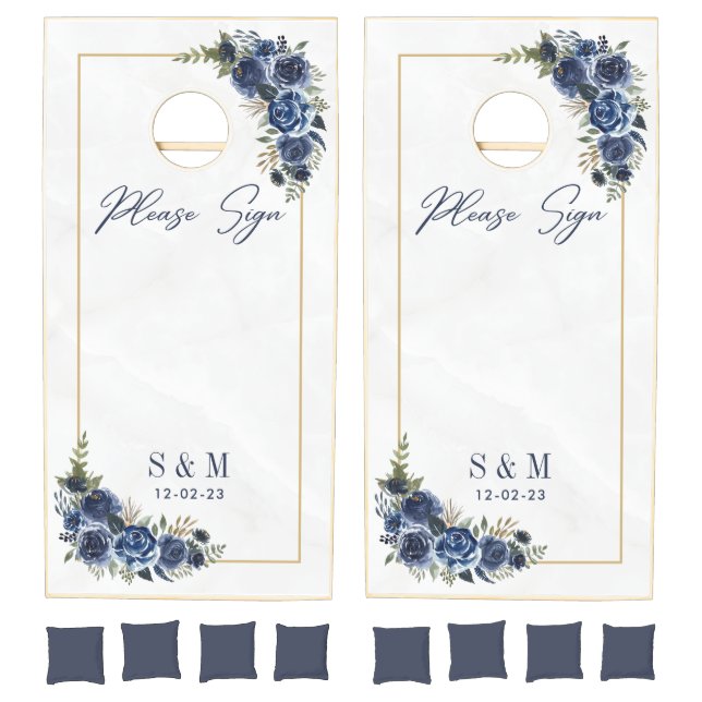 Navy Floral Marble Monogram Wedding Guest book Cornhole Set (Set)