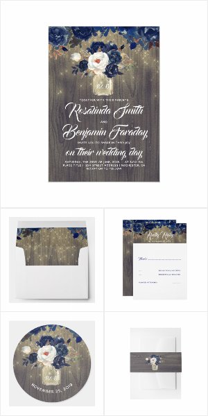 Navy Floral Mason Jar Wedding Invitation Set