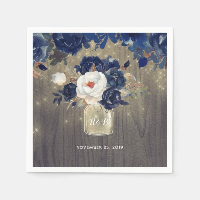 Navy Floral Mason Jar Rustic Paper Napkins (Front)