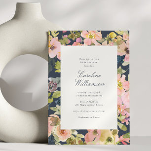 Navy Floral Modern Baby Shower Garden Elegant Invitation