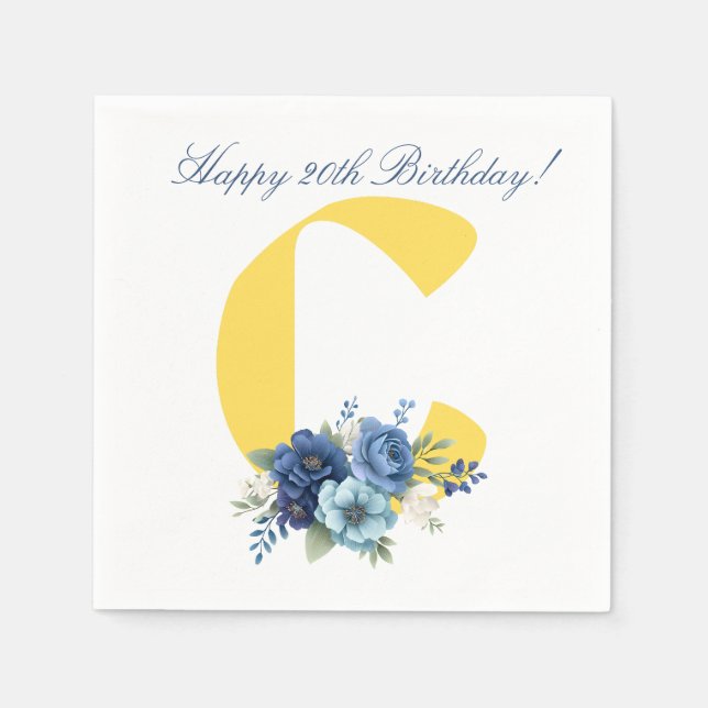 Navy Floral Monogram 20th Birthday Napkins (Front)
