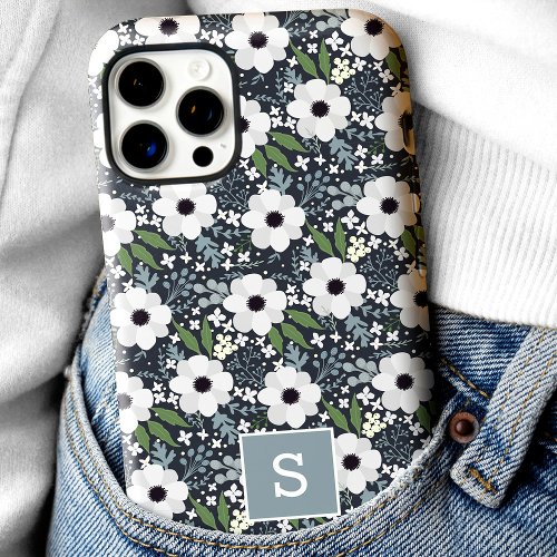 Navy Floral Monogram Iphone 16 Pro Case