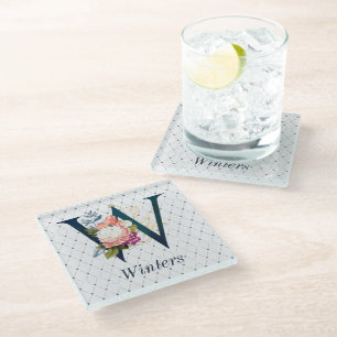 Navy Floral Monogram W Square Coaster