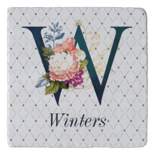 Navy Floral Monogram W Trivet
