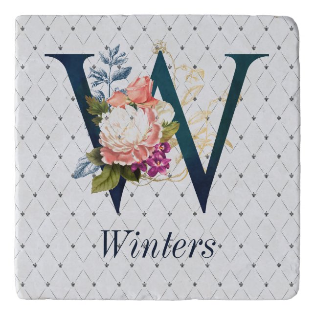 Navy Floral Monogram W Trivet (Front)