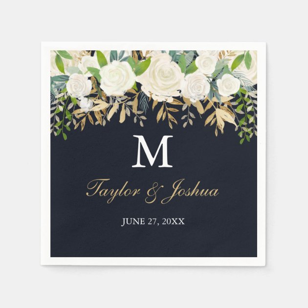 Navy Floral Monogram Watercolor Wedding Napkin