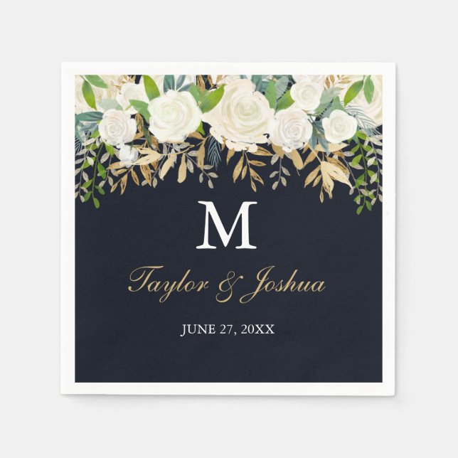 Navy Floral Monogram Watercolor Wedding Napkin (Front)