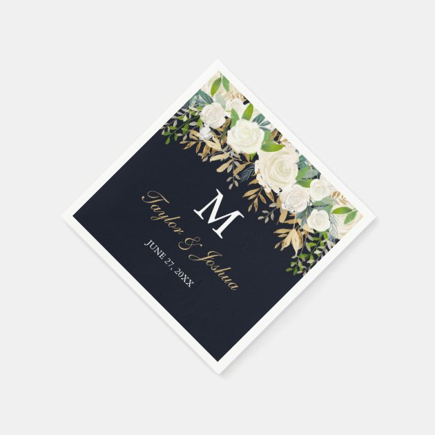 Navy Floral Monogram Watercolor Wedding Napkin