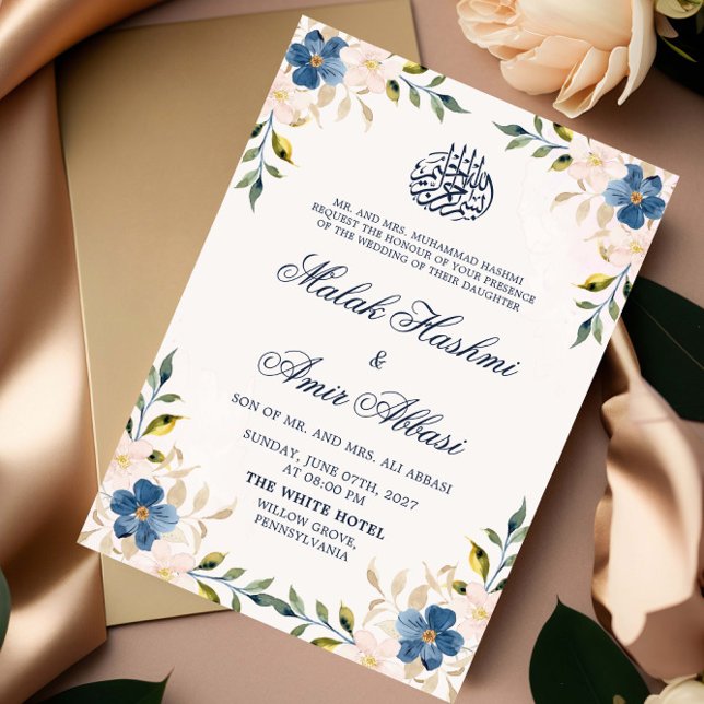 Navy Floral Muslim Islamic Nikah Arabic Wedding Invitation (Creator Uploaded)