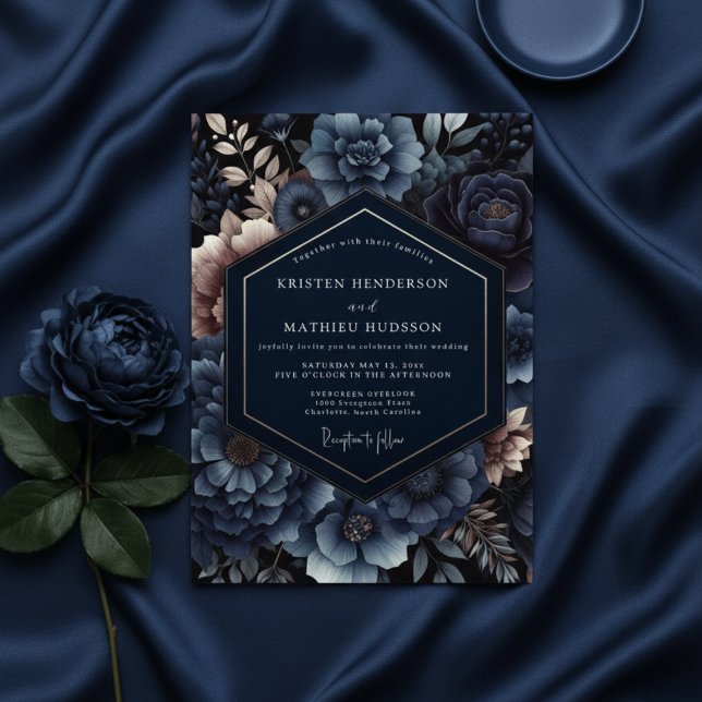 Navy Floral Opulent Romance Wedding Invitation (Creator Uploaded)
