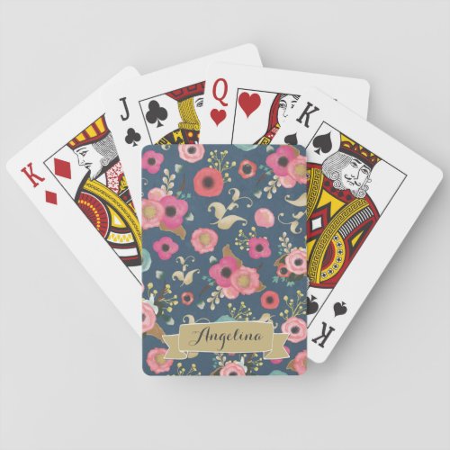 Navy Floral Pattern Personalized Playing Cards