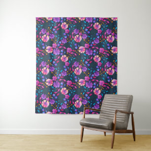 Navy Floral Pattern Watercolor Flowers Tapestry