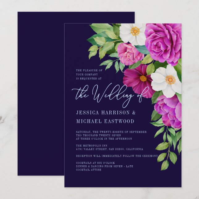Navy Floral Pink White Purple Rose Bold Wedding Invitation (Front/Back)