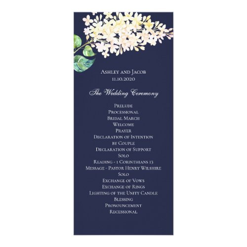 Navy floral program White lilac Blue wedding Rack Card