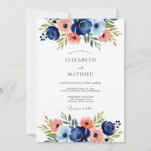 Navy Floral Romantic Wedding Invitation