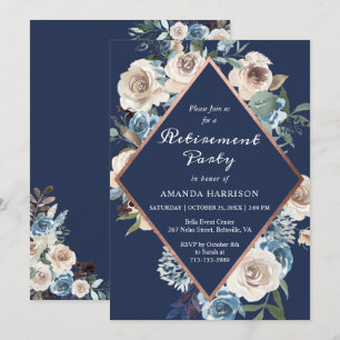 Navy Floral Rose Gold Retirement Party Invitation