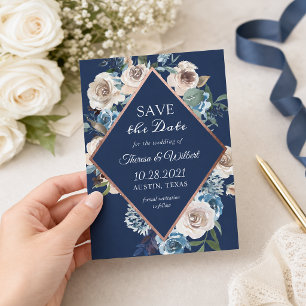 Navy Floral Rose Gold Wedding Save The Date