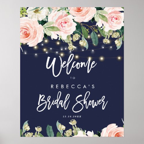 navy floral roses bridal shower welcome sign
