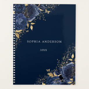 Navy Floral Roses Gold Leaf Personal Work Planner