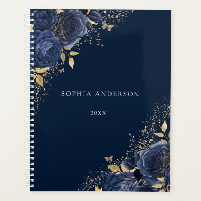 Navy Floral Roses Gold Leaf Personal Work Planner (Front)