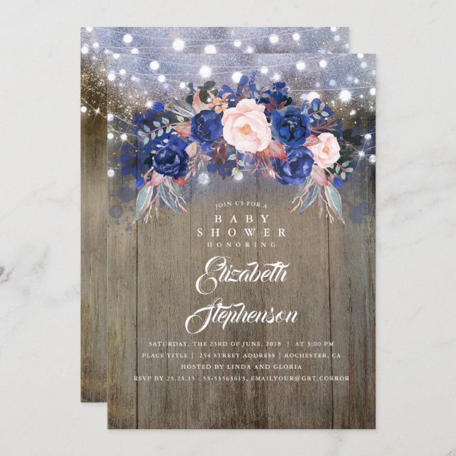 Navy Floral Rustic Baby Shower Invitation (Front/Back)