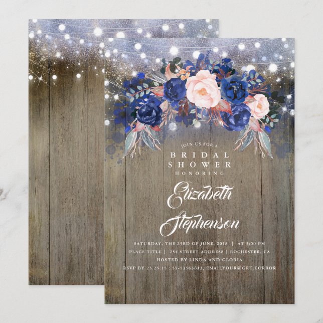Navy Floral Rustic Bridal Shower Invitation (Front/Back)