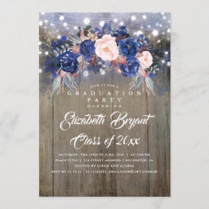 Navy Floral Rustic Graduation Party Invitation