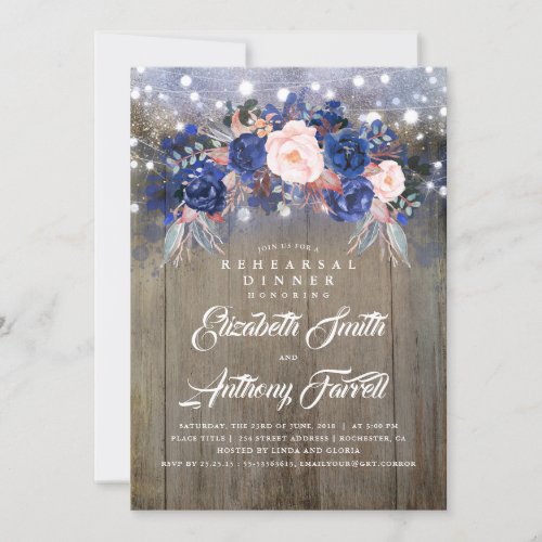 Navy Floral Rustic Rehearsal Dinner Invitation