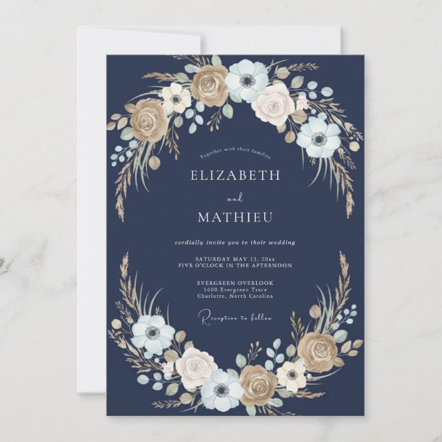 Navy Floral Rustic Romance Wedding Invitation (Front)