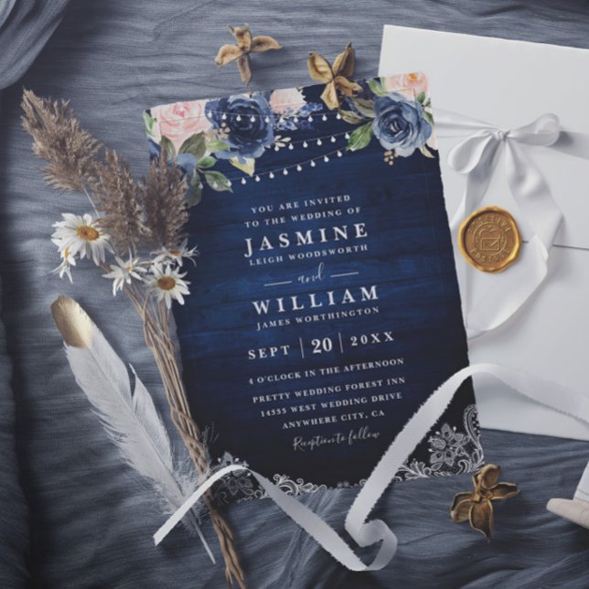 Navy Floral Rustic String Light QR Code Wedding Invitation (Creator Uploaded)