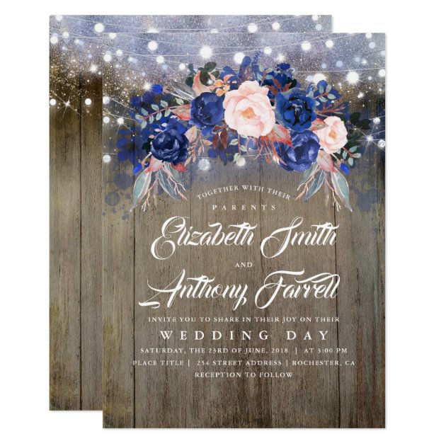 Navy Floral Rustic String Lights Wedding Invitation