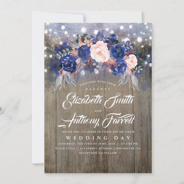 Navy Floral Rustic String Lights Wedding Invitation (Front)