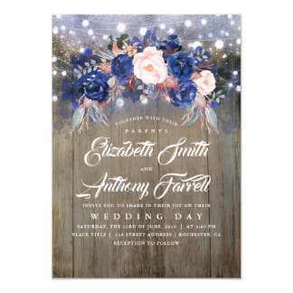 Navy Floral Rustic String Lights Wedding Invitation