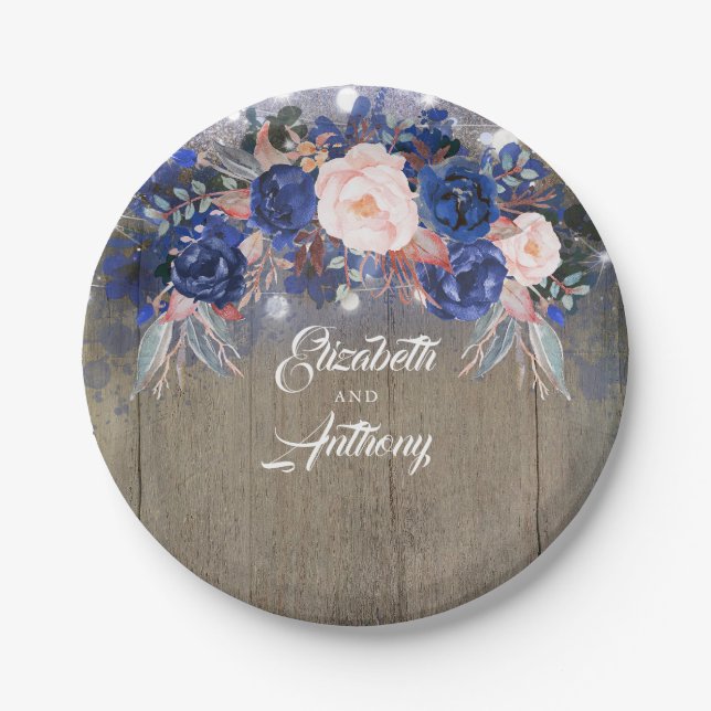 Navy Floral Rustic Wedding Paper Plates (Front)