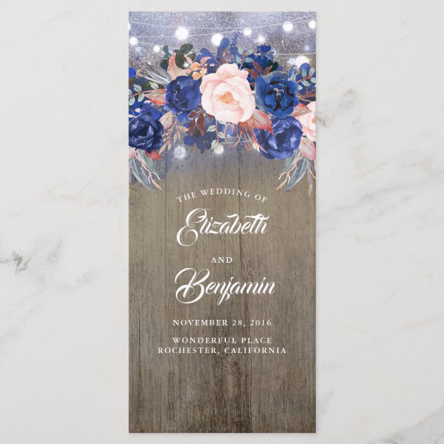Navy Floral Rustic Wedding Programs (Front)