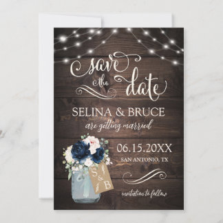Navy Floral Rustic Wood Mason Jar Save the Date Invitation