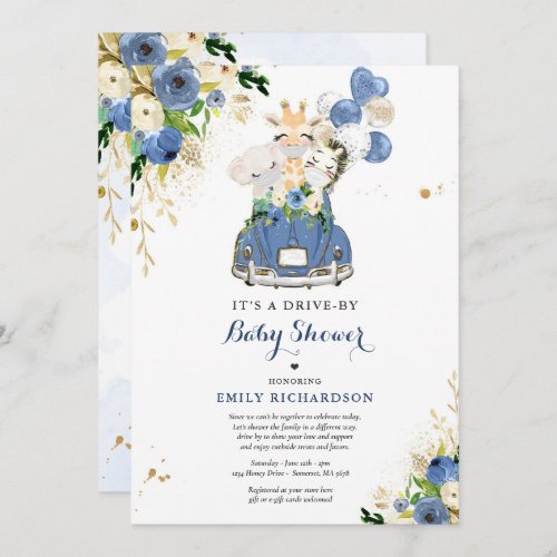 Navy Floral Safari Animals Drive By Baby Shower Invitation