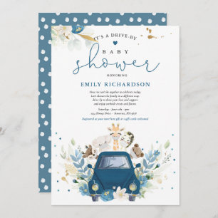 Navy Floral Safari Animals Drive By Baby Shower Invitation