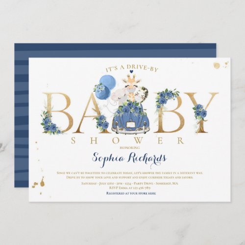 Navy Floral Safari Animals Drive By Baby Shower Invitation