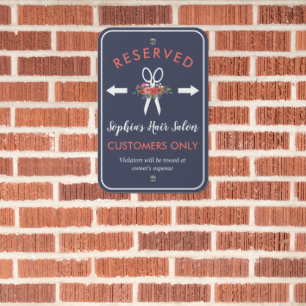 Navy Floral Scissors Hair Salon Reserved Parking Metal Sign