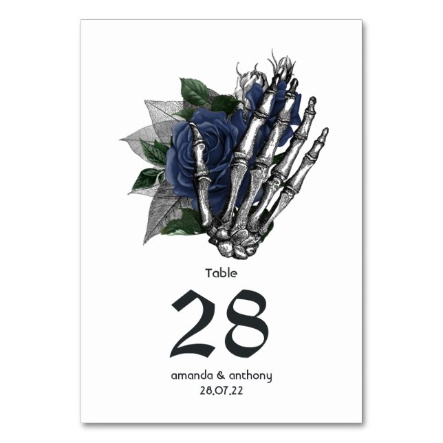 Navy Floral Skeleton Gothic Wedding Table Number (Front)