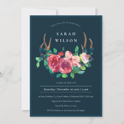 Navy Floral Stag Antlers Bridal Shower Invite