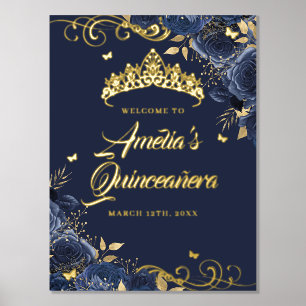Navy Floral Swirl Quinceanera Welcome Sign Gold