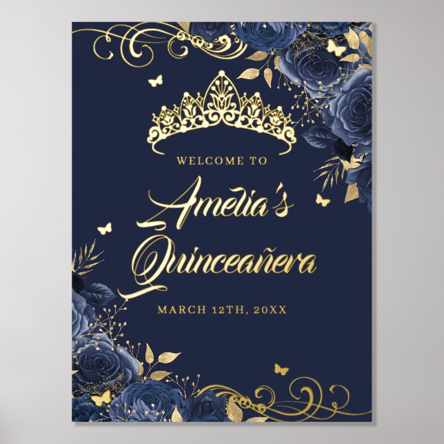 Navy Floral Swirl Quinceanera Welcome Sign Gold   (Front)